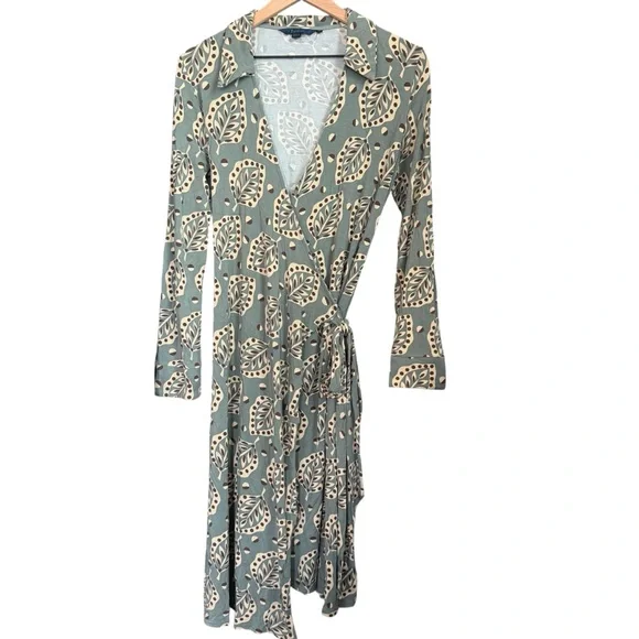 Boden Sage Wrap Dress with Brown and Cream Leaves